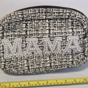 Source Unknown Black and White Tweed 'MAMA' Pearl Cosmetic Bag